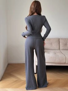 Feyla Cable Knit Women's Solid Color Button Design Long Sleeve T-Shirt And Wide Leg Pants Casual 2 Pieces Set Everyday Home Dark Grey Autumn - Grey - View 6