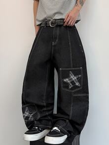 STEELVANCE Celana Jeans Denim Kasual Gaya Retro Streetwear Serbaguna dengan Desain Lusuh, Banyak Saku, Patchwork Bintang, dan Bordir Huruf (Sabuk dan Aksesoris Tidak Termasuk) - Hitam - View 6