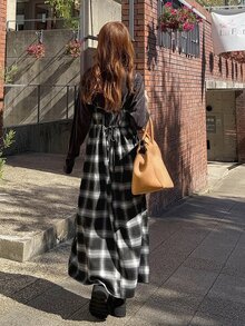 FRIFUL Women's Casual Plaid Spaghetti Strap Midi Dress, Autumn/Winter - Black - View 2