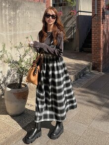 FRIFUL Women's Casual Plaid Spaghetti Strap Midi Dress, Autumn/Winter - Black - View 7