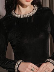 Anewsta Women's Elegant Modern Party Minimalist Rhinestone Decor Versatile Slimming Fitted Base Layer Top, Autumn/Winter New Style - Black - View 3