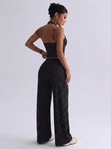 Easithlete Women's Polka Dot Yoga Sports Set - Black and White - View 2