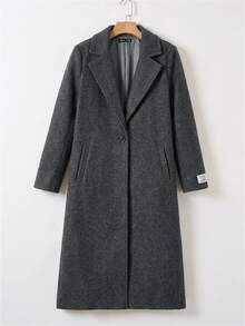 SHEIN EZwear 女款格紋羊毛大衣，內裡字母圖案，秋冬款 - 深灰色 - 查看 1