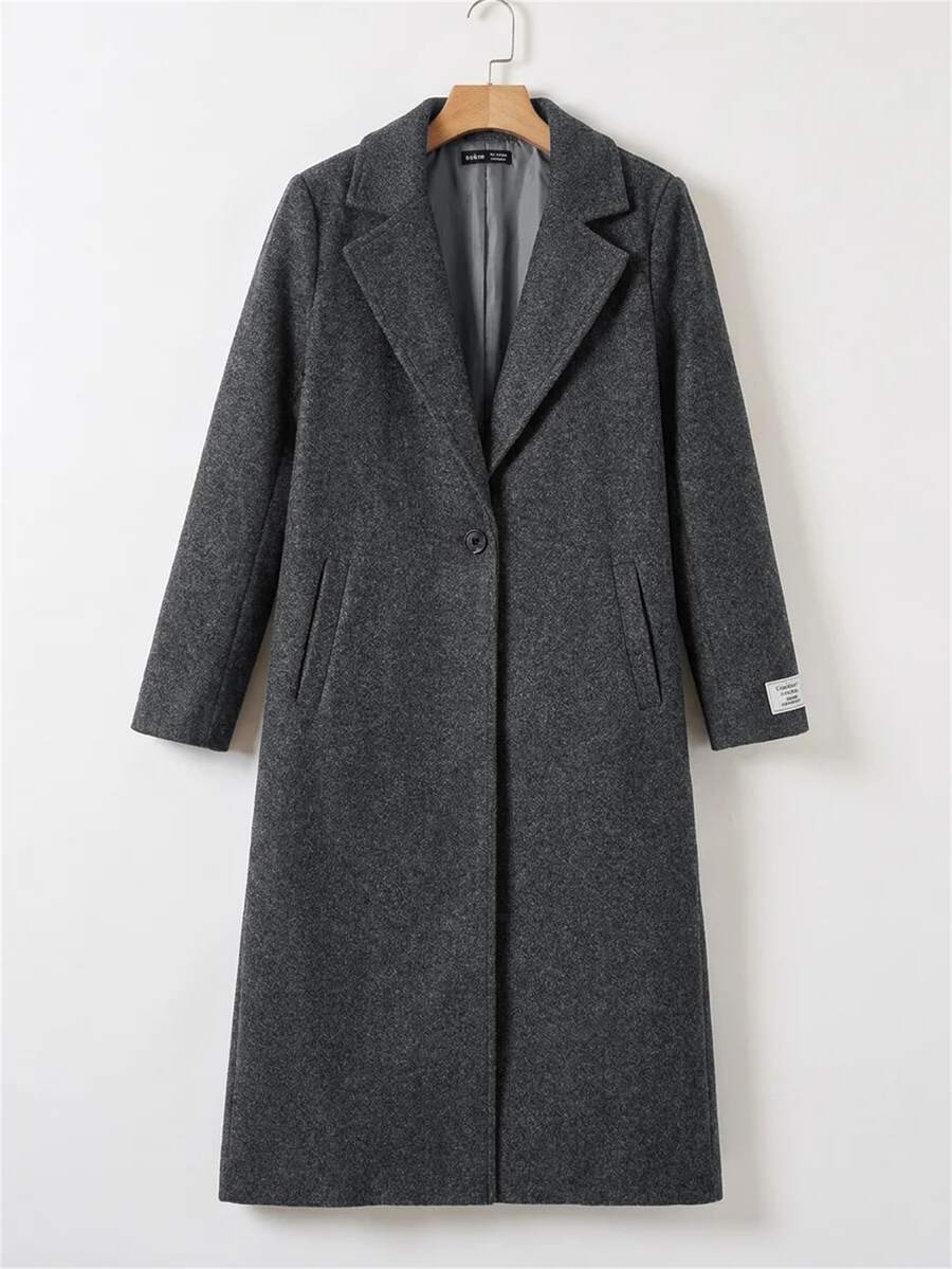 SHEIN EZwear 女款格紋羊毛大衣,內裡字母圖案,秋冬款 - 深灰色 - 查看 1