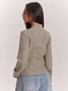 SHEIN BAE Fashionable Design Knot Button Decor Casual Commute Long Sleeve Jacket - Khaki - View 2