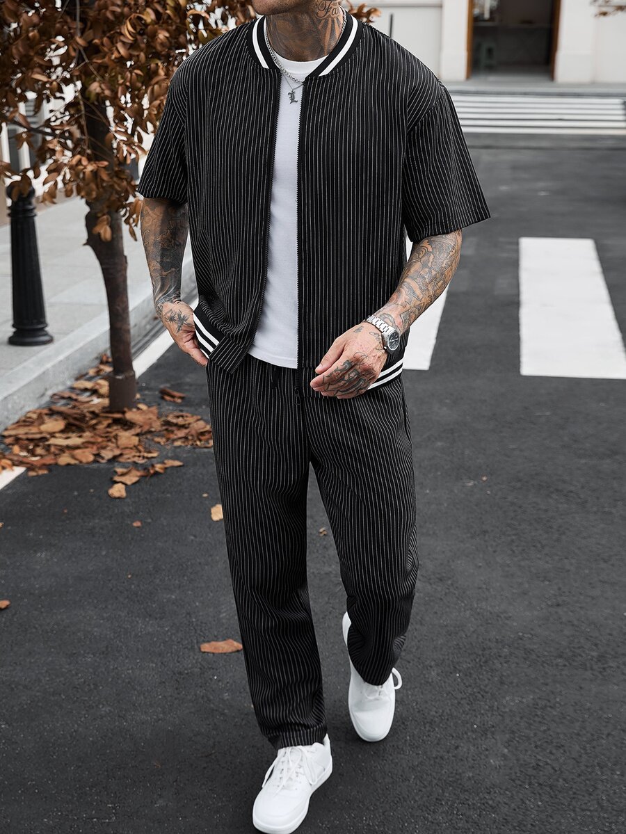 Manfinity CasualCool Men's Striped Short Sleeve Shirt And Long Pants Casual Set - Black - View 1