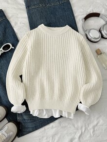 SHEIN 青少年女孩純色圓領長袖休閒毛衣 - 杏色 - 查看 3