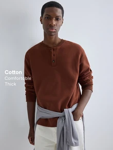 Merionis Men's Solid Color Long Sleeve Button Half-Placket Casual Sweatshirt - Mocha Brown - View 1