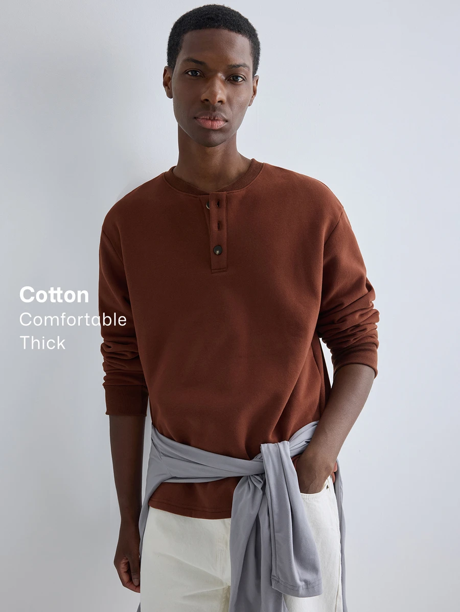 Merionis Men's Solid Color Long Sleeve Button Half-Placket Casual Sweatshirt - Mocha Brown - View 1