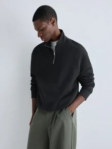 Merionis Men's Solid Color Zipper Design Long Sleeve Casual Pullover Sweatshirt - Black - View 4