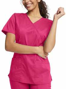 TaskEZ Women's Matte Wrap Top With 2 Pockets And Princess Seams On Back - Hot Pink - View 10