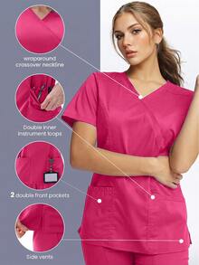 TaskEZ Women's Matte Wrap Top With 2 Pockets And Princess Seams On Back - Hot Pink - View 1