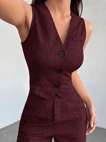 SHEIN PETITE 休閒無袖開襟背心與寬鬆長褲套裝，秋冬款 - 酒紅色 - 查看 7