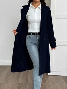 SHEIN PETITE 女款休閒雙排扣風衣外套，秋冬款 - 寶藍色 - 查看 3