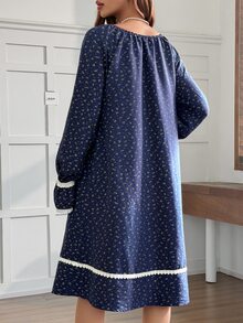 DAZY Ditsy Floral Loose Long Sleeve Square Neck Lace Trim Casual Vacation Home Daily Spring Autumn Maternity Dress - Blue - View 2