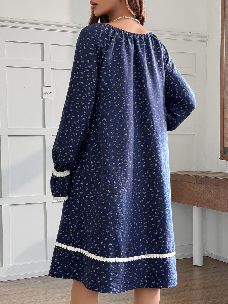 Ditsy Floral Loose Long Sleeve Square Neck Lace Trim Casual Vacation Home Daily Spring Autumn Maternity Dress