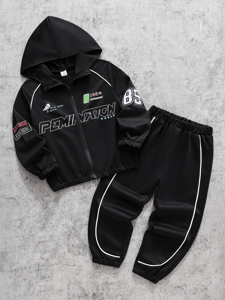 2pcs/Set Boys Casual Streetwear Slogan Print Long Sleeve Zip-Up Half-Open Jacket And Pants Set, Suitable For Spring/Autumn Daily Casual Wear, Suitable For Autumn/Winter Wear, Comfortable Fabric, Fashionable Fit, Spring/Summer New Style, Suitable For Multiple Seasons And Occasions - Black - View 1