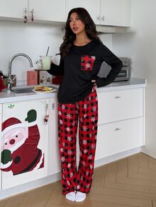 SHEIN Christmas Snowflake Print Pocket Solid Color Long Sleeve Plaid Pants Pajama Set - Black - View 2