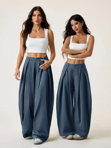 SHEIN PETITE 女款夏季復古休閒街頭風大尺寸軍綠色圓弧下擺長褲 - 霧霾藍 - 查看 8