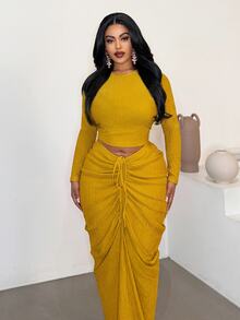 Maweii Plus Size Sexy Fitted Ruched Skirt 2 Pieces Set For Vacation Beach - Yellow - View 2