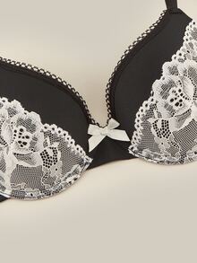Bralution Women's Sweet Lace Patchwork Bow Decor Lingerie - Black and White - View 7