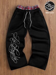 TOKVUE 男士 INS 熱銷刺繡 3D 簽名拼接格紋運動長褲，送給男友/丈夫的禮物，適合聚會與旅行 - 黑色 - 查看 1