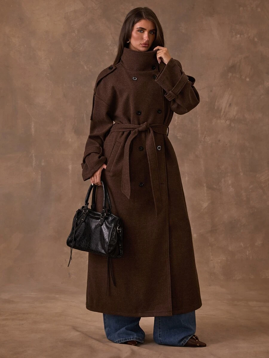 SHEIN BAE Solid Color Casual Style Stand Collar Tie Double-Breasted Premium Versatile Loose Fit Commuter Daily Long Overcoat - Coffee Brown - View 1
