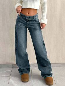 SHEIN Tall Women Dark Blue Washed Wide Leg Casual Jeans Tall - Dark Wash - View 9