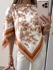 Aloruh 女款春夏度假新款船領方巾上衣，適合度假、約會、海灘、海邊 - 棕色 - 查看 1
