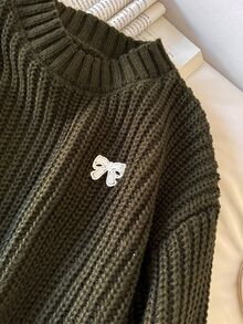 CosyJoli Autumn/Winter Casual Green Embroidered Bow Sweater - Olive Green - View 3