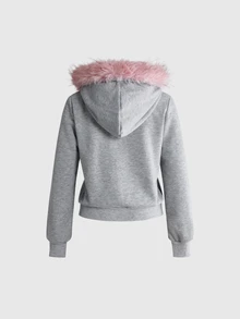 ROMWE Autumn/Winter Y2K Applique Embroidered Fur Collar Casual Women's Sweatshirt - Grey - View 2