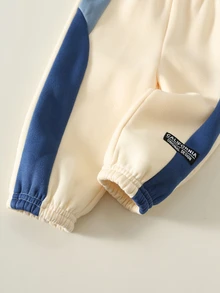 SHEIN 2pcs Baby Boy Autumn/Winter Casual Knit Soft Round Neck Long Sleeve Pullover Sweatshirt & Pants Set, Color Block Outfit, Blue Set, Pullover Sweatshirt Set, Infant Set, Autumn/Winter Set - Multicolor - View 5