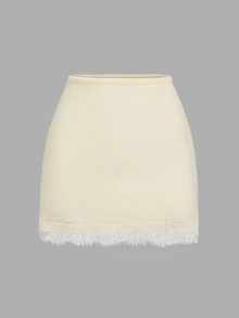 Autumina Women's Solid Color Lantern Sleeve Top And Mini Skirt Knit Set - Beige - View 7