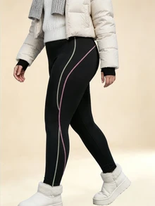 SHEIN Rhythm Era Legging Olahraga Wanita Ukuran Besar Musim Gugur/Dingin, Tebal, Berlapisan Termal, Motif Garis-Garis Blok Warna, Motif Patchwork - Hitam - View 3