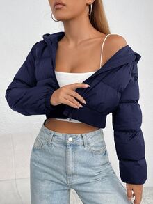 SHEIN PETITE 女款舒適冬季長袖短版連帽外套 - 藏蓝色 - 查看 6