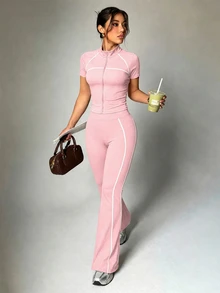 Dewbera Dewbera 2PCS Women's Sports Set Blush Pink Tight Fit Raglan Short Sleeve Color Block Split Stand Collar Full Zip Jacket Flare Pants Workout Yoga Gym Summer - Pink - View 5