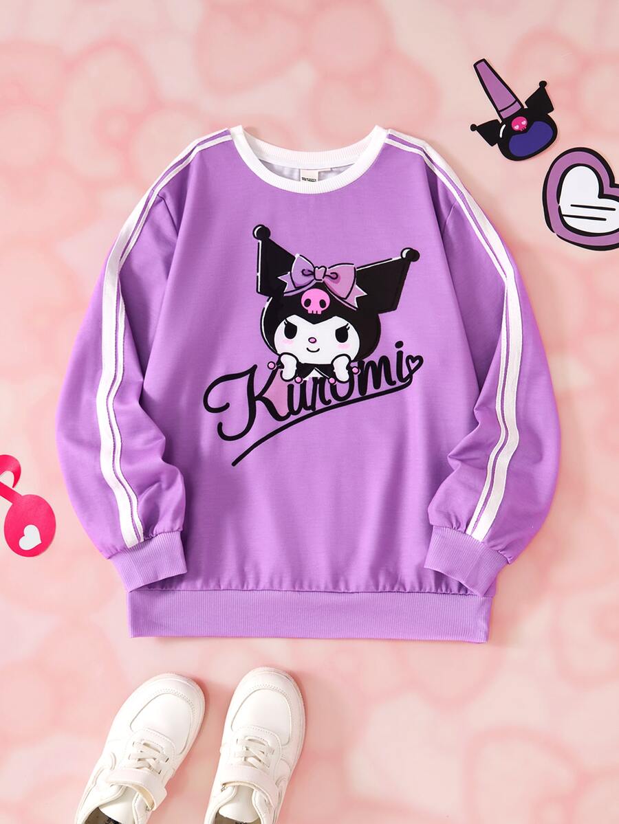 HELLO KITTY AND FRIENDS | SHEIN Tween Girl Letter Print Crew Neck Long Sleeve Casual Sweatshirt - Purple - View 1