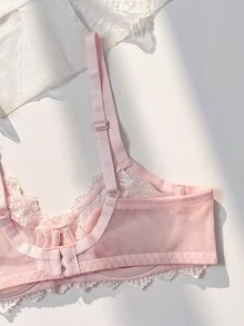 PetitDoll حمالة صدر سلكية شبكية بنقاط بولكا وتطريز دانتيل حلوة وجميلة للبنات، 1 قطعة - وردي فاتح - مشاهدة 4