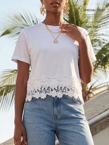 CAJUNI Women's Versatile Lace Patchwork Short Sleeve T-Shirt For Vacation And Travel - White - View 9