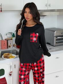 SHEIN Christmas Snowflake Print Pocket Solid Color Long Sleeve Plaid Pants Pajama Set - Black - View 4