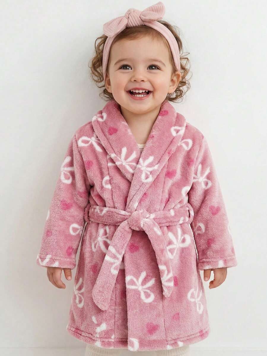 SHEIN Cute Fluffy Bowknot Loungewear For Baby Girls, Autumn/Winter - Pink - View 1