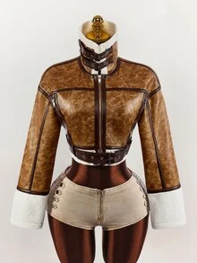 Amplova PU Composite Faux Fur Cropped Waist Jacket, Retro Dropped Shoulder, Autumn/Winter - Brown - View 2
