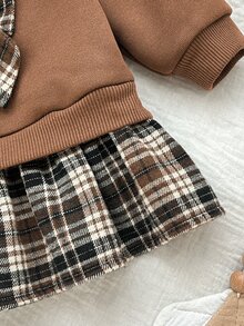 Cozy Pixies 兒童新生兒圓領長袖運動衫 格紋拼接下擺洋裝 - 棕色 - 查看 5