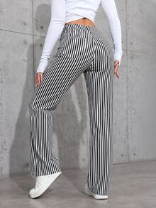 SHEIN PETITE 休閒通勤條紋直筒牛仔褲 - 彩色 - 查看 2