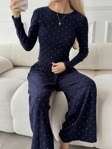 DAZY Women's Polka Dot Top And Pants Casual 2 Pieces Set - Navy Blue - View 5