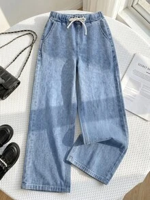 SHEIN Tween Girl Blue Loose Straight Leg Denim Jeans - Blue - View 8