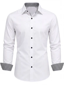 Manfinity Mode Men's Business Casual Solid Color Patchwork Plaid Long Sleeve Shirt - White - View 4
