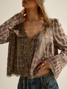 SHEIN Women's Plaid Lace Patchwork Button Tie Front Blouse - Coffee Brown - View 5