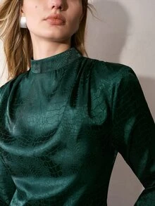 MOTF PREMIUM WOMEN'S STAND COLLAR JACQUARD WAIST-CINCHING LONG DRESS - Dark Green - View 2