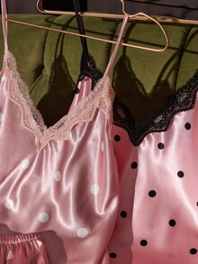 SilkySpell 4piece Set Women's Sexy Silk Pajama Set, Lace Trim Contrast Color Pajamas, Polka Dot Print Pink Pajama Set, Silky Satin Pajama Multi-Piece Set - Multicolor - View 6